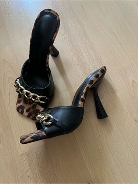 Black and Leopard Chain-Accent High Heel Mule